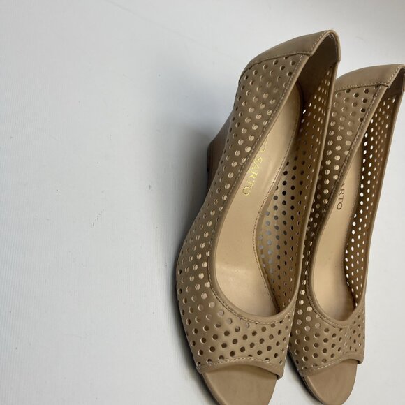 Franco Sarto Ginesa Tan Leather Peep Toe Heels Womens 8M Perforated Faux Leather - Picture 12 of 13